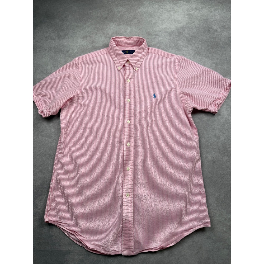 Polo Ralph Lauren Men M Pink White Seersucker Short Sleeve Button Down Preppy